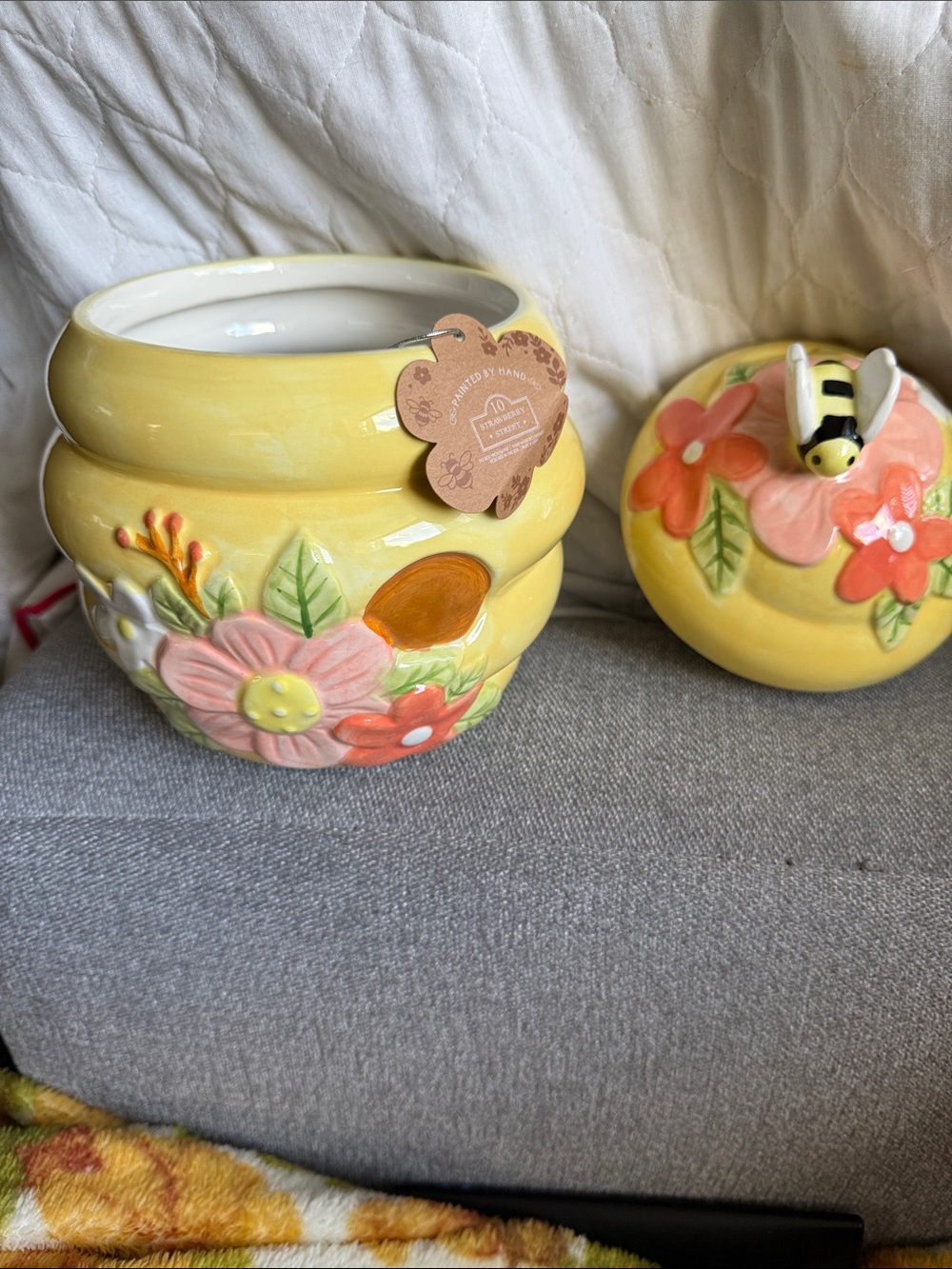 Ceramic Floral Bee Honey Pot - Yellow with Pink & Orange Flowers